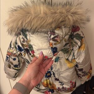 Molo Multicolor Floral Puffer Jacket with Fur Hood
